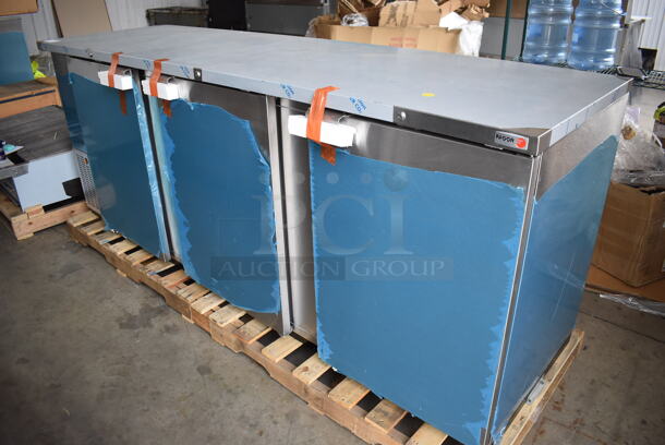 BRAND NEW IN BOX! 2016 Fagor FBB-95-S-SLP-GR Stainless Steel Commercial 3 Door Undercounter Cooler. 115 Volts, 1 Phase. 96x29x37. Tested and Working! - Image 1 of 9