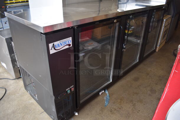 BRAND NEW SCRATCH AND DENT! Avantco 178UBB4GHC Black Commercial 3 Door Back Bar Cooler Merchandiser w/ LED Lighting. 115 Volts, 1 Phase. 90.5x28x36.5. Tested and Working!