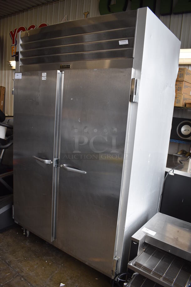 Traulsen G20010 ENERGY STAR Stainless Steel Commercial 2 Door Reach In Cooler w/ Poly Coated Racks on Commercial Casters. 115 Volts, 1 Phase. 52x34x84. Tested and Working!