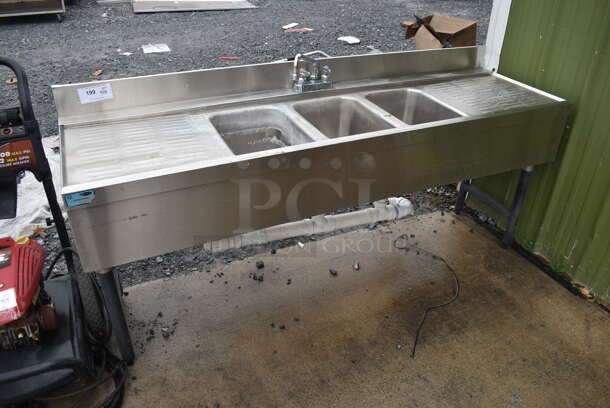 Stainless Steel 3 Bay Back Bar Sink w/ Dual Drain Boards, Faucet and Handles. 71x21x33. Bays 10x14x9. Drain Boards 15x16x1