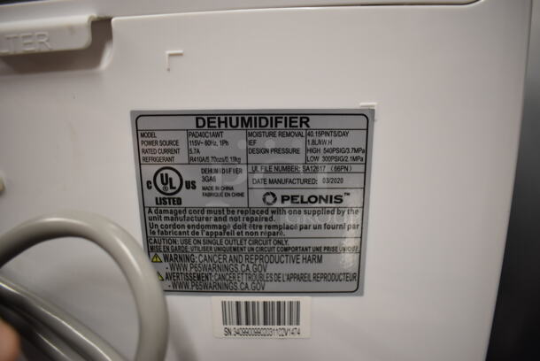 BRAND NEW SCRATCH AND DENT! Pelonis PAD40C1AWT Metal Portable Dehumidifier on Casters. 115 Volts, 1 Phase. 15.5x11x24. Tested and Working! - Image 5 of 6