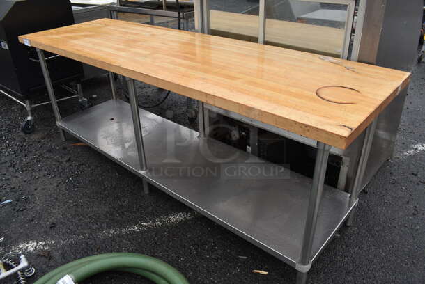 Butcher Block Table w/ Stainless Steel Under Shelf. 96x30x35.5