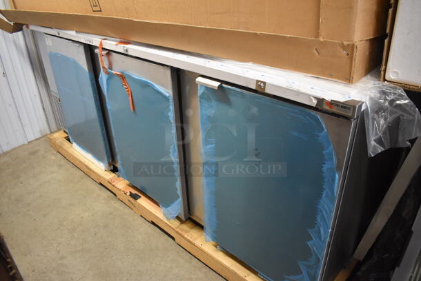 BRAND NEW IN BOX! 2016 Fagor FBB-95-S-SLP-GR Stainless Steel Commercial 3 Door Undercounter Cooler. 115 Volts, 1 Phase. 96x29x37. Tested and Working! - Image 1 of 8