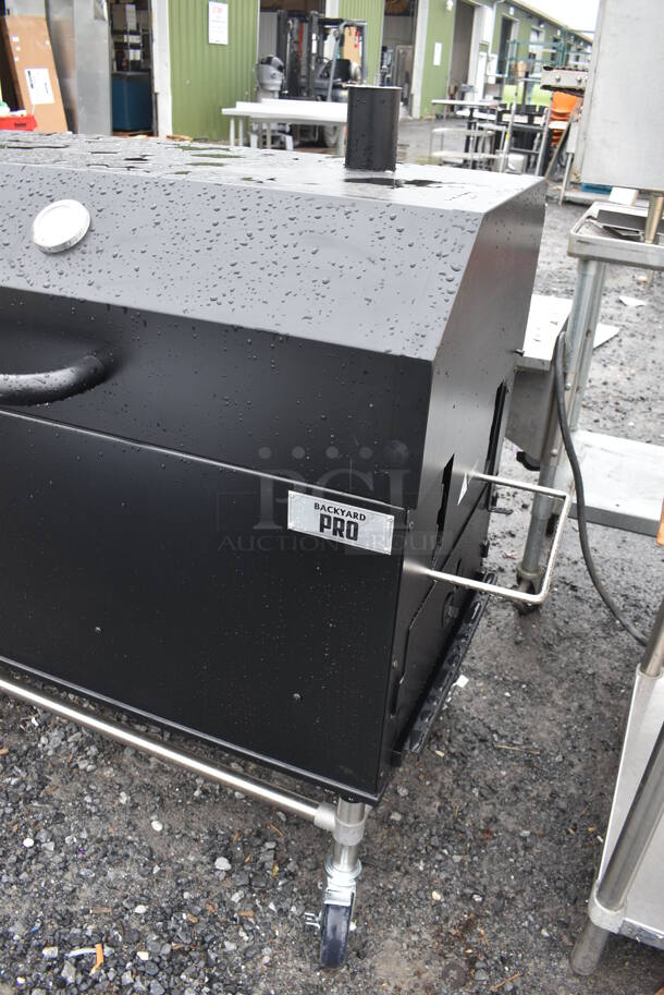 BRAND NEW SCRATCH AND DENT! Backyard Pro 554SMOKR60AS Metal Commercial Charcoal / Wood Smoker Grill with Adjustable Grates and Dome on Commercial Casters. Missing Hardware. 72x31x50 - Image 2 of 7