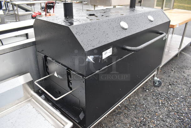 BRAND NEW SCRATCH AND DENT! Backyard Pro 554SMOKR60AS Metal Commercial Charcoal / Wood Smoker Grill with Adjustable Grates and Dome on Commercial Casters. Missing Hardware. 72x31x50 - Image 5 of 7
