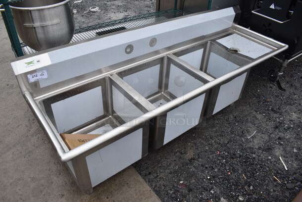 BRAND NEW SCRATCH AND DENT! Regency 600S318181GR Stainless Steel Commercial 16 Gauge 3 Bay Sink w/ Right Side Drain Board. 78x24x29. Bays 18x18x14 - Image 1 of 5