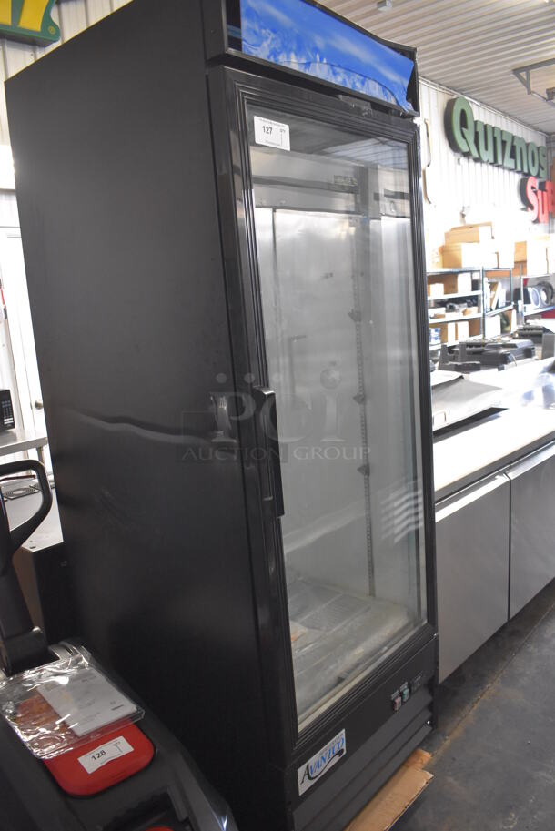 BRAND NEW SCRATCH AND DENT! Avantco 178GDC23HCB Metal Commercial Single Door Reach In Cooler Merchandiser w/ Poly Coated Racks and LED Lighting. 115 Volts, 1 Phase. 28x32x83. Tested and Working!