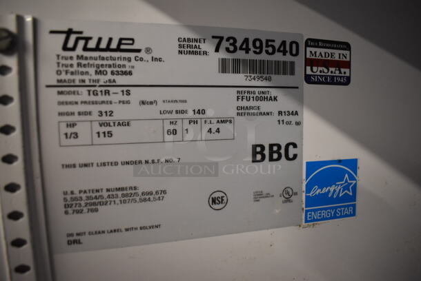 2012 True TG1R-1S ENERGY STAR Stainless Steel Commercial Single Door Reach In Cooler w/ Poly Coated Racks on Commercial Casters. 115 Volts, 1 Phase. 29x35x83. Tested and Working! - Image 6 of 7