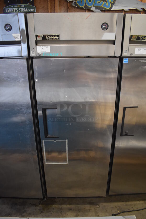 2010 True TG1F-1S Stainless Steel Commercial Single Door Reach In Freezer w/ Poly Coated Rack on Commercial Casters. 115 Volts, 1 Phase. 29x35x82. Tested and Working!