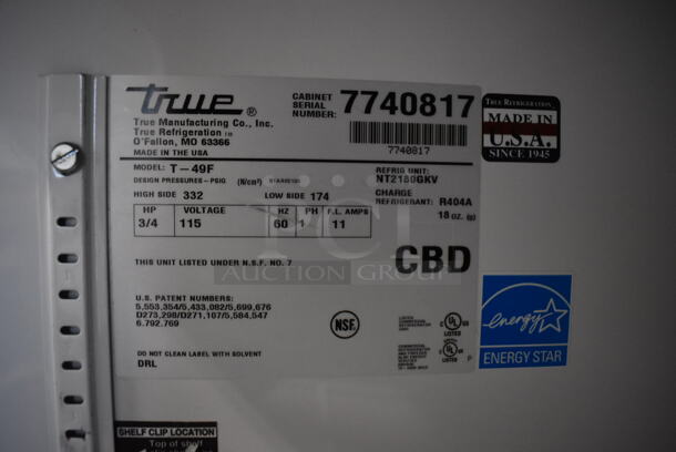 2013 True T-49F ENERGY STAR Stainless Steel Commercial 2 Door Reach In Freezer w/ Poly Coated Racks on Commercial Casters. 115 Volts, 1 Phase. 54x30x83. Tested and Working! - Image 3 of 7