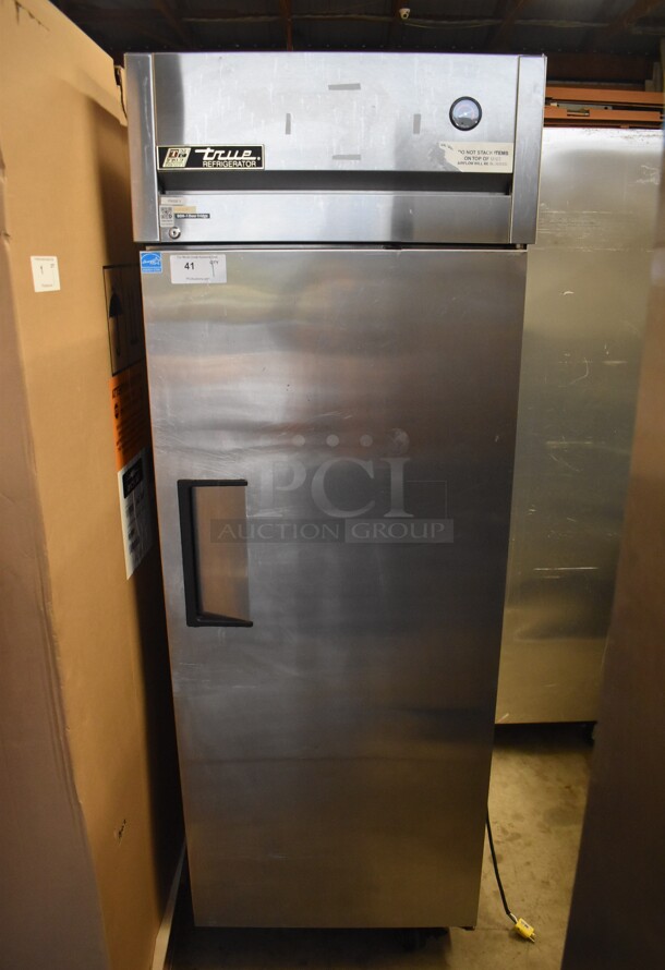 2013 True TG1R-1S ENERGY STAR Stainless Steel Commercial Single Door Reach In Cooler w/ Poly Coated Racks on Commercial Casters. 115 Volts, 1 Phase. 29x35x83. Tested and Working!