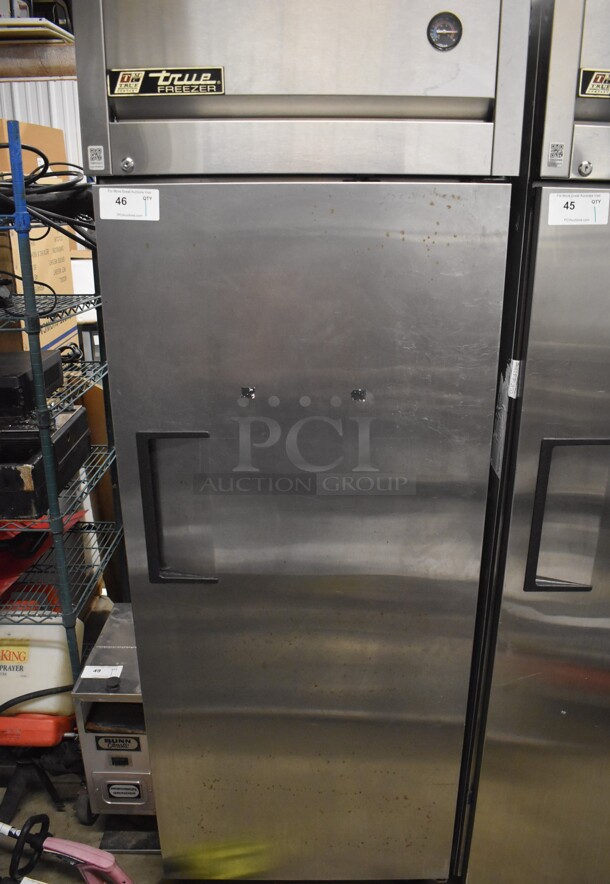 True TG1F-1S Stainless Steel Commercial Single Door Reach In Freezer w/ Poly Coated Racks on Commercial Casters. 115 Volts, 1 Phase. 29x35x83. Tested and Working!
