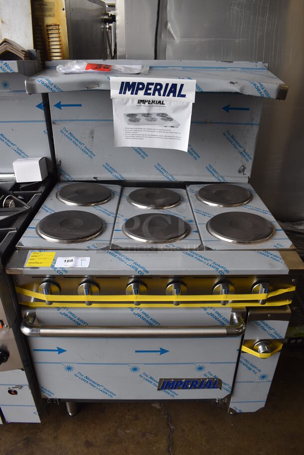 BRAND NEW SCRATCH AND DENT! Imperial Range Pro Series IR-6-E240 Stainless Steel Commercial Electric Powered Range w/ Oven, Over Shelf and Back Splash. 240 Volts, 1 Phase. 36x31x58
