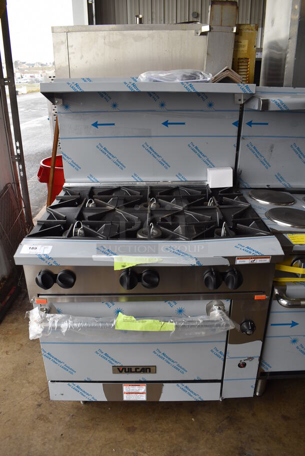 BRAND NEW SCRATCH AND DENT! Vulcan 36S-6BN Endurance Stainless Steel Commercial Natural Gas Powered 6 Burner Range w/ Oven, Over Shelf and Back Splash. 215,000 BTU. 36x34x60
