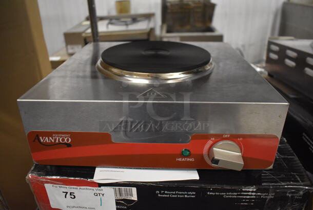 LIKE NEW! Avantco 177EB200A Stainless Steel Commercial Single Burner Solid Top Electric Powered Hot Plate. 120 Volts, 1 Phase. Unit Has Only Been Used a Few Times! 13x13x4.5. Tested and Working!