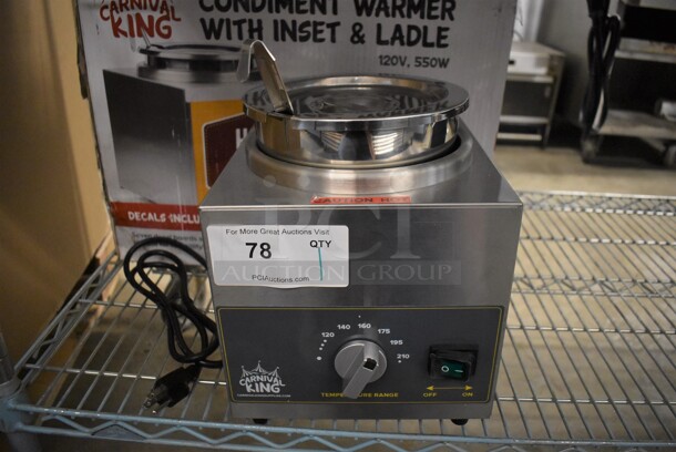 BRAND NEW IN BOX! Carnival King 382RWLL35 Stainless Steel Commercial Countertop Electric Powered 3.5 Qt. Warmer with Inset Pot, Lid, and Ladle. 120 Volts, 1 Phase. 9x10x9. Tested and Working!