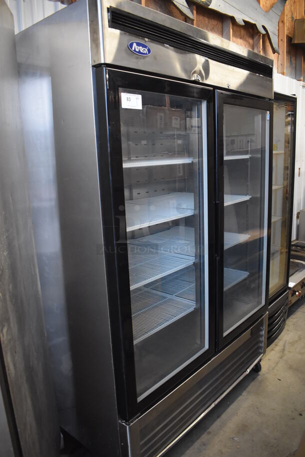 2020 Atosa MCF8707GR Stainless Steel Commercial 2 Door Reach In Cooler Merchandiser w/ Poly Coated Racks. 115 Volts, 1 Phase. 54x32x83. Tested and Working!