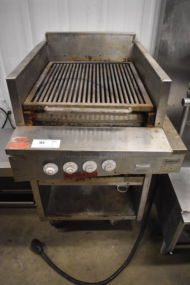 MagiKitch'n FSE 24 Stainless Steel Commercial Electric Powered Charbroiler Grill w/ Under Shelf on Commercial Casters. 208 Volts, 3 Phase. 27x34x43
