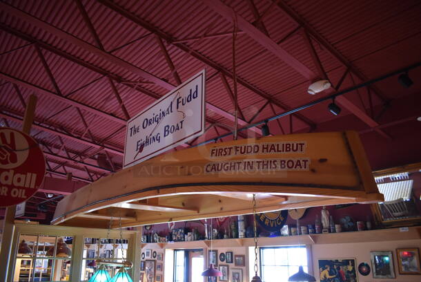 Wooden Decorative Boat and The Original Fudd Fishing Boat Sign. BUYER MUST REMOVE. (Dining Room)