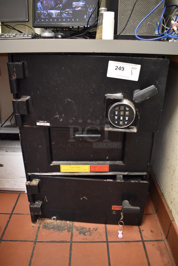 Black Metal 2 Compartment Safe. Comes w/ Combination and Key. BUYER MUST REMOVE. (Office) - Image 1 of 8