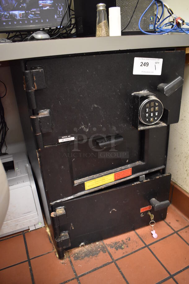 Black Metal 2 Compartment Safe. Comes w/ Combination and Key. BUYER MUST REMOVE. (Office) - Image 2 of 8