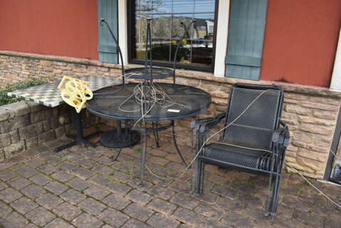 ALL ONE MONEY! Lot of 7 Black Metal Mesh Patio Chairs, 2 Black Metal Mesh Patio Tables and Table. 48x48x30, 25x17x38. (Patio)