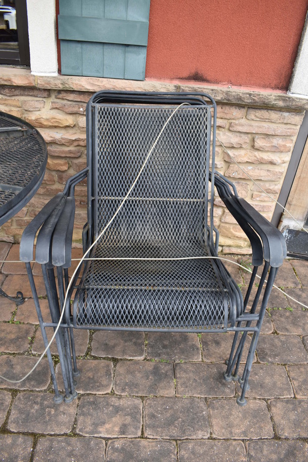 ALL ONE MONEY! Lot of 7 Black Metal Mesh Patio Chairs, 2 Black Metal Mesh Patio Tables and Table. 48x48x30, 25x17x38. (Patio) - Image 2 of 5