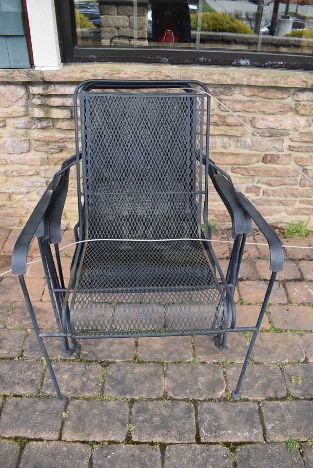 ALL ONE MONEY! Lot of 6 Black Metal Mesh Patio Chairs, 2 Black Metal Mesh Patio Tables. 48x48x30, 25x17x38. (Patio) - Image 3 of 4