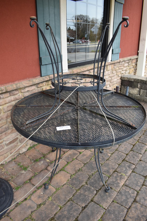 ALL ONE MONEY! Lot of 6 Black Metal Mesh Patio Chairs, 2 Black Metal Mesh Patio Tables. 48x48x30, 25x17x38. (Patio) - Image 4 of 4