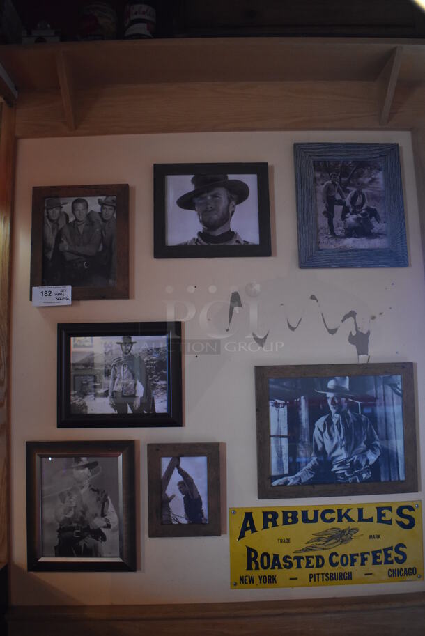 ALL ONE MONEY! Wall Lot of Various Pictures Including Clint Eastwood and Westerns. BUYER MUST REMOVE. (Dining Room)