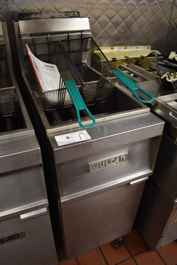 Vulcan 1GR45M Stainless Steel Commercial Floor Style Natural Gas Powered Deep Fat Fryer w/ 2 Metal Fry Baskets on Commercial Casters. 120,000 BTU. Unit Was In Working Condition When Restaurant Closed. BUYER MUST REMOVE. (Front Kitchen) - Image 2 of 8