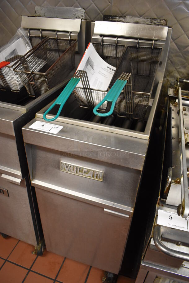 Vulcan 1GR45M Stainless Steel Commercial Floor Style Natural Gas Powered Deep Fat Fryer w/ 2 Metal Fry Baskets on Commercial Casters. 120,000 BTU. Unit Was In Working Condition When Restaurant Closed. BUYER MUST REMOVE. (Front Kitchen) - Image 3 of 8