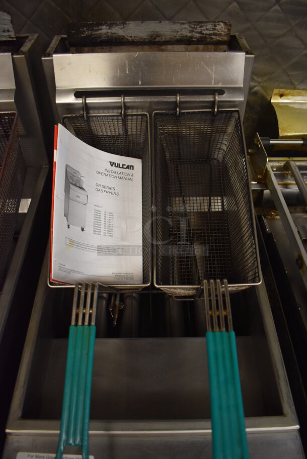 Vulcan 1GR45M Stainless Steel Commercial Floor Style Natural Gas Powered Deep Fat Fryer w/ 2 Metal Fry Baskets on Commercial Casters. 120,000 BTU. Unit Was In Working Condition When Restaurant Closed. BUYER MUST REMOVE. (Front Kitchen) - Image 4 of 8