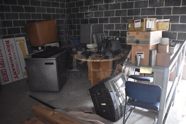 ALL ONE MONEY! Lot of Storage Room Contents Including Patio Umbrellas, Delfield Single Door Undercounter Cooler, Mixing Cups, Baking Pans, POS Monitors, Receipt Printers, Signs and More! BUYER MUST REMOVE. (Storage Room) - Image 12 of 12