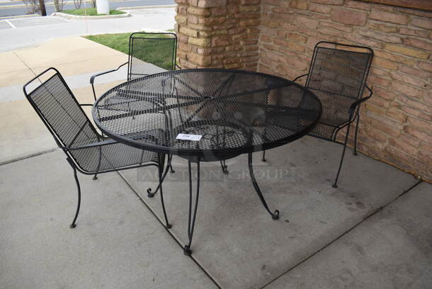 ALL ONE MONEY! Lot of 4 Black Metal Mesh Patio Chairs, 2 Black Metal Mesh Patio Tables. 48x48x30, 25x17x38. (Out Front) - Image 1 of 6