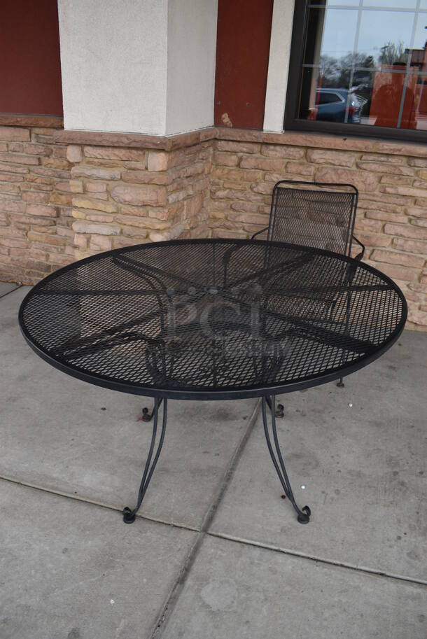 ALL ONE MONEY! Lot of 4 Black Metal Mesh Patio Chairs, 2 Black Metal Mesh Patio Tables. 48x48x30, 25x17x38. (Out Front) - Image 5 of 6