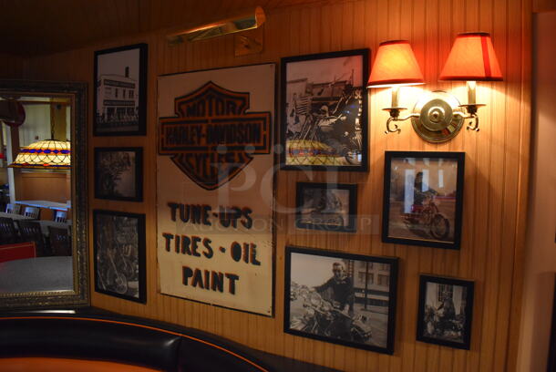 ALL ONE MONEY! Wall Lot of Various Pictures Including Harley Davidson Motorcycles and Clothes. Does Not Include Mirror. BUYER MUST REMOVE. (Dining Room) - Image 3 of 10
