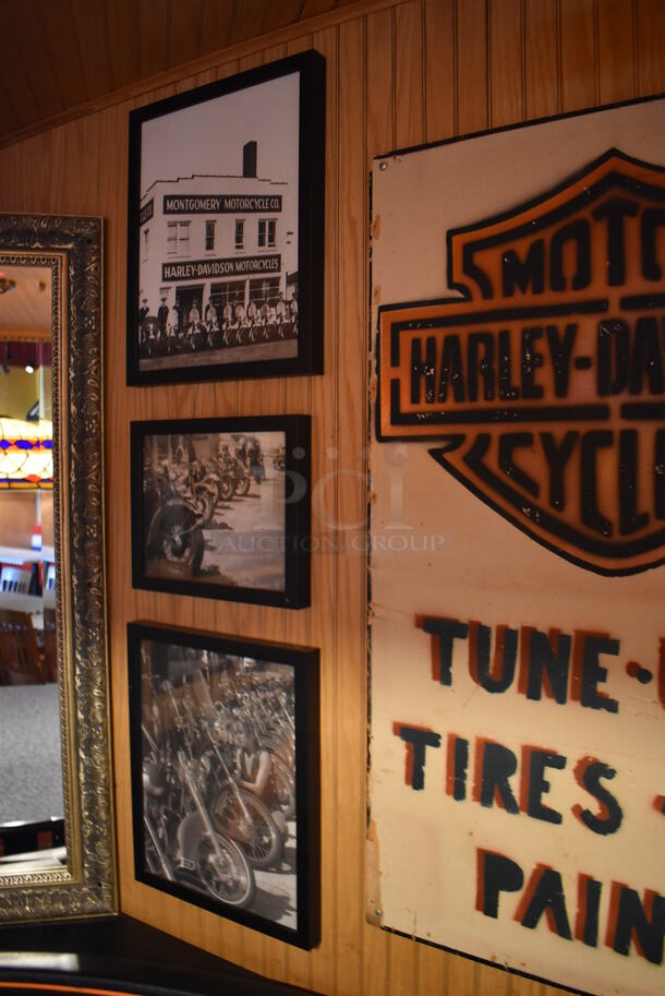 ALL ONE MONEY! Wall Lot of Various Pictures Including Harley Davidson Motorcycles and Clothes. Does Not Include Mirror. BUYER MUST REMOVE. (Dining Room) - Image 10 of 10