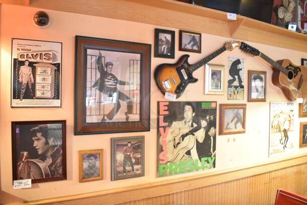 ALL ONE MONEY! Wall Lot of Various Pictures Including Elvis. Does Not Include Guitars. BUYER MUST REMOVE. (Dining Room)
 - Image 1 of 7