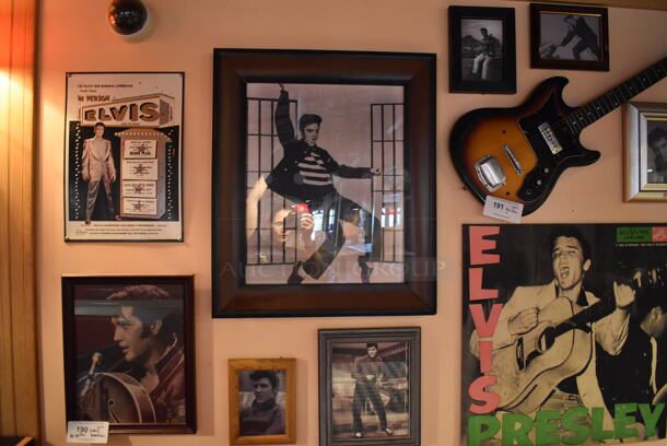 ALL ONE MONEY! Wall Lot of Various Pictures Including Elvis. Does Not Include Guitars. BUYER MUST REMOVE. (Dining Room)
 - Image 2 of 7