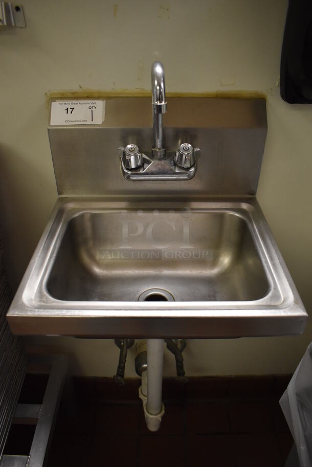 Stainless Steel Commercial Single Bay Wall Mount Sink w/ Faucet and Handles. BUYER MUST REMOVE. (Front Kitchen)