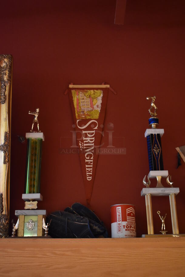 ALL ONE MONEY! Shelf Lot of Various Items Including Trophies and Wall Decor Above The Shelf. Does Not Include The Shelf Itself. BUYER MUST REMOVE. (Dining Room) - Image 2 of 6