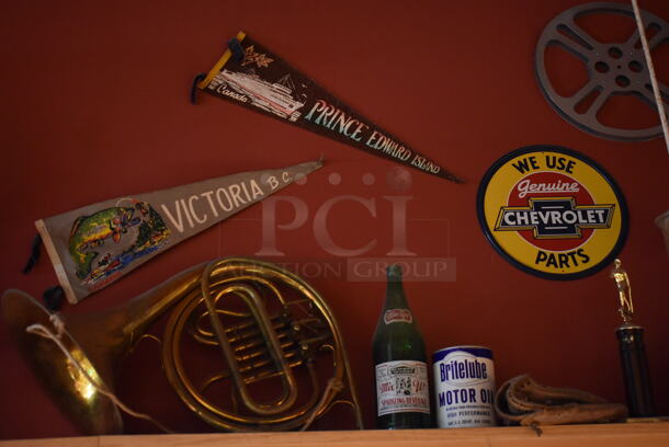 ALL ONE MONEY! Shelf Lot of Various Items Including Trophies and Wall Decor Above The Shelf. Does Not Include The Shelf Itself. BUYER MUST REMOVE. (Dining Room) - Image 3 of 6