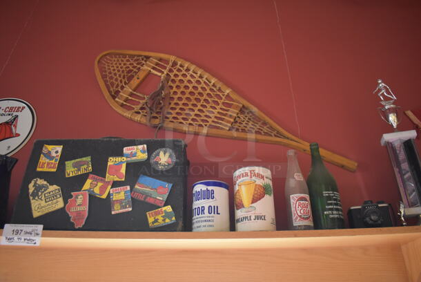 ALL ONE MONEY! Shelf Lot of Various Items Including Bottles, Tank and Luggage and Wall Decor Above The Shelf. Does Not Include The Shelf Itself. BUYER MUST REMOVE. (Dining Room) - Image 2 of 7