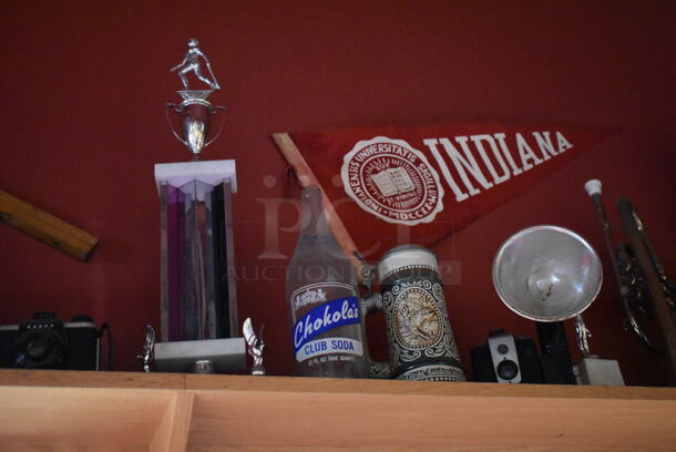 ALL ONE MONEY! Shelf Lot of Various Items Including Bottles, Tank and Luggage and Wall Decor Above The Shelf. Does Not Include The Shelf Itself. BUYER MUST REMOVE. (Dining Room) - Image 3 of 7