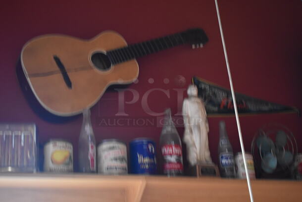 ALL ONE MONEY! Shelf Lot of Various Items Including Bottles, Tank and Luggage and Wall Decor Above The Shelf. Does Not Include The Shelf Itself. BUYER MUST REMOVE. (Dining Room) - Image 6 of 7