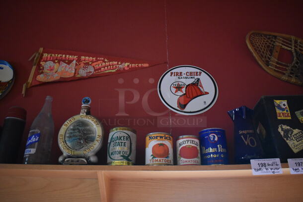 ALL ONE MONEY! Shelf Lot of Various Items Including Bottles, Tank and Luggage and Wall Decor Above The Shelf. Does Not Include The Shelf Itself. BUYER MUST REMOVE. (Dining Room) - Image 2 of 7