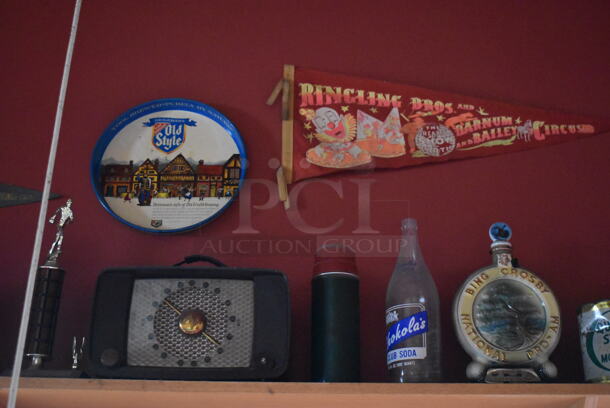 ALL ONE MONEY! Shelf Lot of Various Items Including Bottles, Tank and Luggage and Wall Decor Above The Shelf. Does Not Include The Shelf Itself. BUYER MUST REMOVE. (Dining Room) - Image 3 of 7