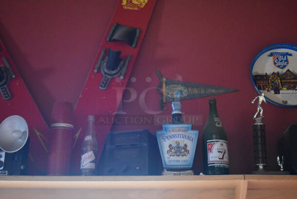 ALL ONE MONEY! Shelf Lot of Various Items Including Bottles, Tank and Luggage and Wall Decor Above The Shelf. Does Not Include The Shelf Itself. BUYER MUST REMOVE. (Dining Room) - Image 4 of 7