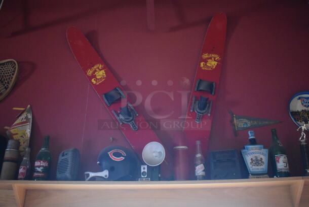 ALL ONE MONEY! Shelf Lot of Various Items Including Bottles, Tank and Luggage and Wall Decor Above The Shelf. Does Not Include The Shelf Itself. BUYER MUST REMOVE. (Dining Room) - Image 5 of 7